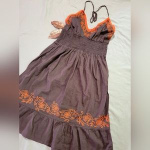 Soaked Backless Brown Dress With Orange Embroidery